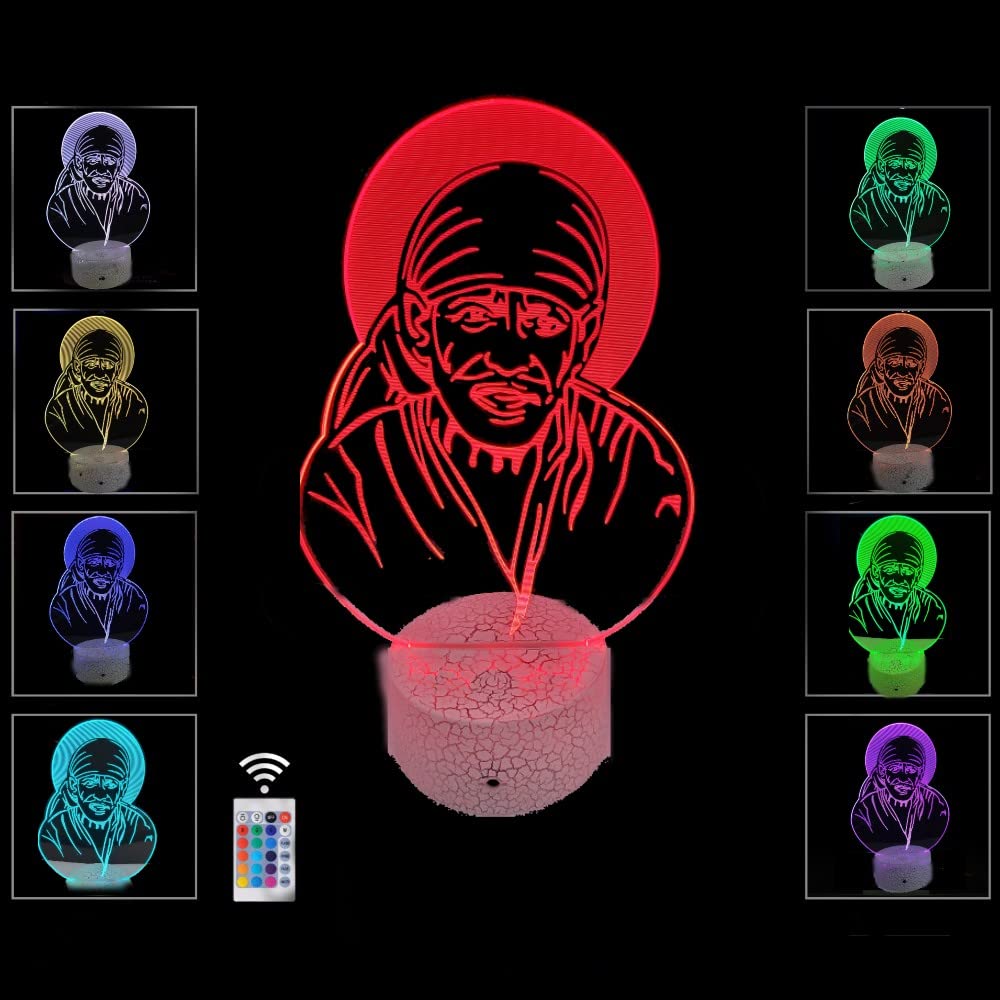 RMOR 3D Illusion Night Light for Hindu GOD Best Gift Idea Diwali for Friends & Family-Cool Home Office Bedroom Decor with Touch Sensor 16 Color Mode (Sai Baba)