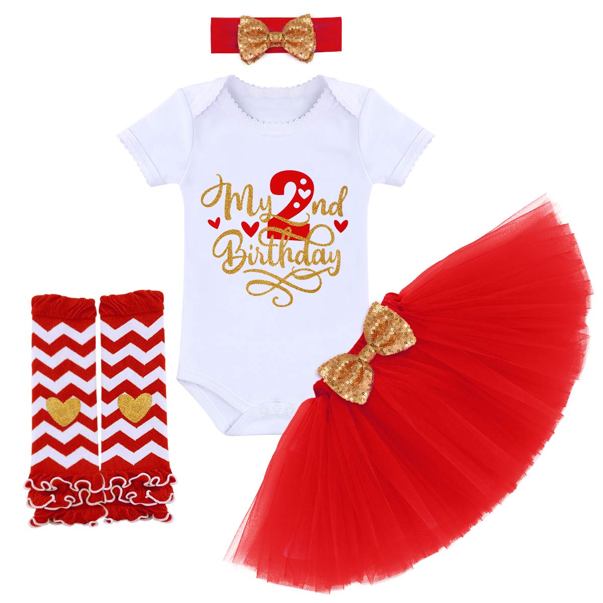 OBEEII Baby Outfits for Girls my 2nd Birthdy Party Playsuit Comfortable Clothing Set Short Sleeve Tutu Skirt Headband Leg Warmers Z' Red 2T 2T