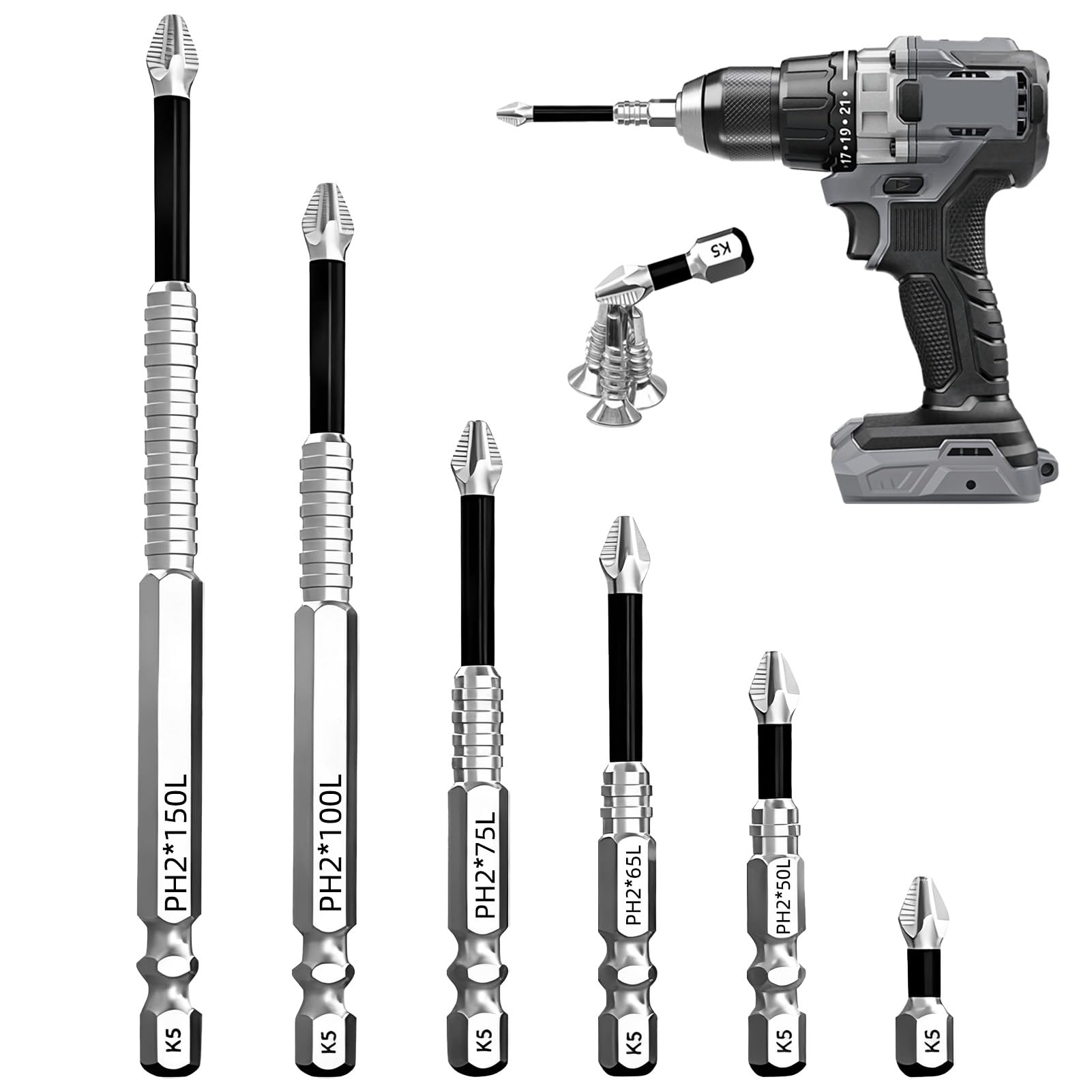 Anti Slip Screwdriver Bits 6 Pcs High Magnetic Screwdriver Drill Bit Set Precision Impact Driver Bit Kit Fixion Tools Compatible with Electric Drill and Driver Tools for 25 50 65 75 100 150mm