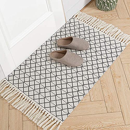 hi-home Area Rug for Living Room, Cotton Small boho Rugs with Tassels for Bedroom Kitchen Laundry Room, Hand Woven Machine Washable Indoor/Outdoor Floor Mat Carpet Hallway Rug 60x90cm (Black) hi-home Area Rug for Living Room, Cotton Small boho Rugs with Tassels for Bedroom Kitchen Laundry Room, Hand Woven Machine Washable Indoor/Outdoor Floor Mat Carpet Hallway Rug 60x90cm (Black)