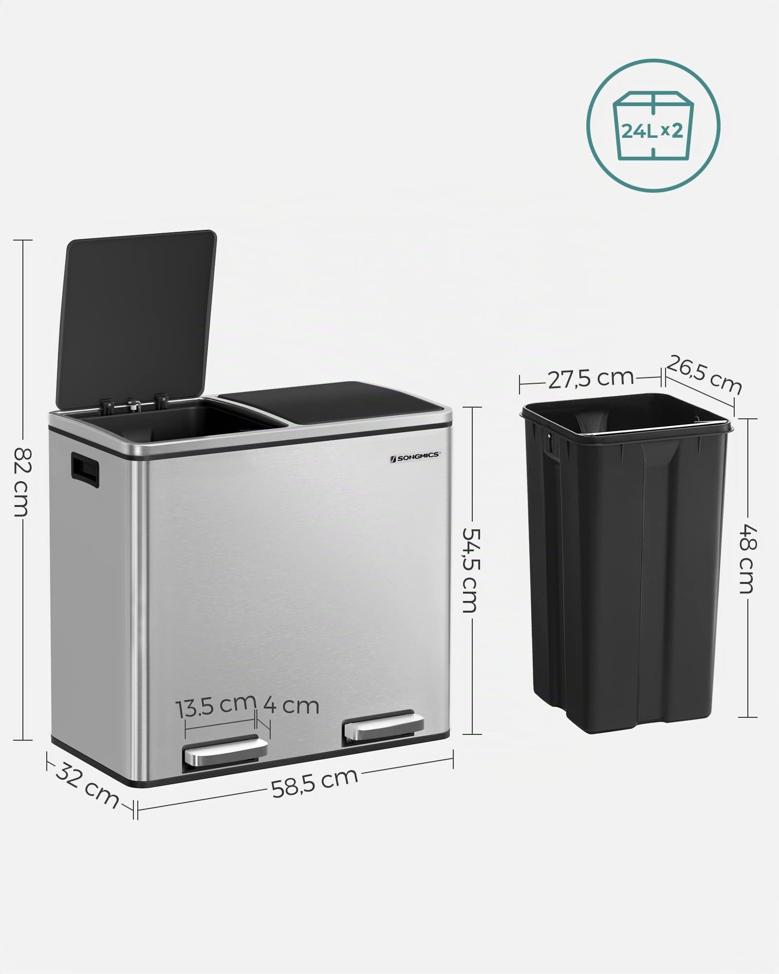 SONGMICS Pattumiera a Doppio Secchio, 2 x 24L, Cestino della Spazzatura con 2 Scomparti, a Pedale, Chiusura Morbida, 2 Secchi Interni e Manici di Plastica, Argento LTB48NL