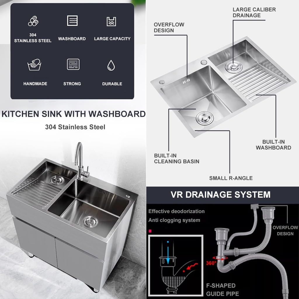 Bathroom Sinks Large 304 Stainless Steel Laundry Sink Single Bowl Kitchen Sink With Washboard Laundry Sink With Big Bend Faucet And Drainage Component (Color : Silver, Size : 80x48x21cm)
