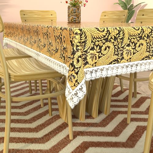 Image of Kuber Industries 60x90 Inches Retangular Waterproof 6 Seater Dining Table Cover with Wavy Border | Easy to Clean Table Protector Cover for Home & Office | Multi Floral - Black Golden