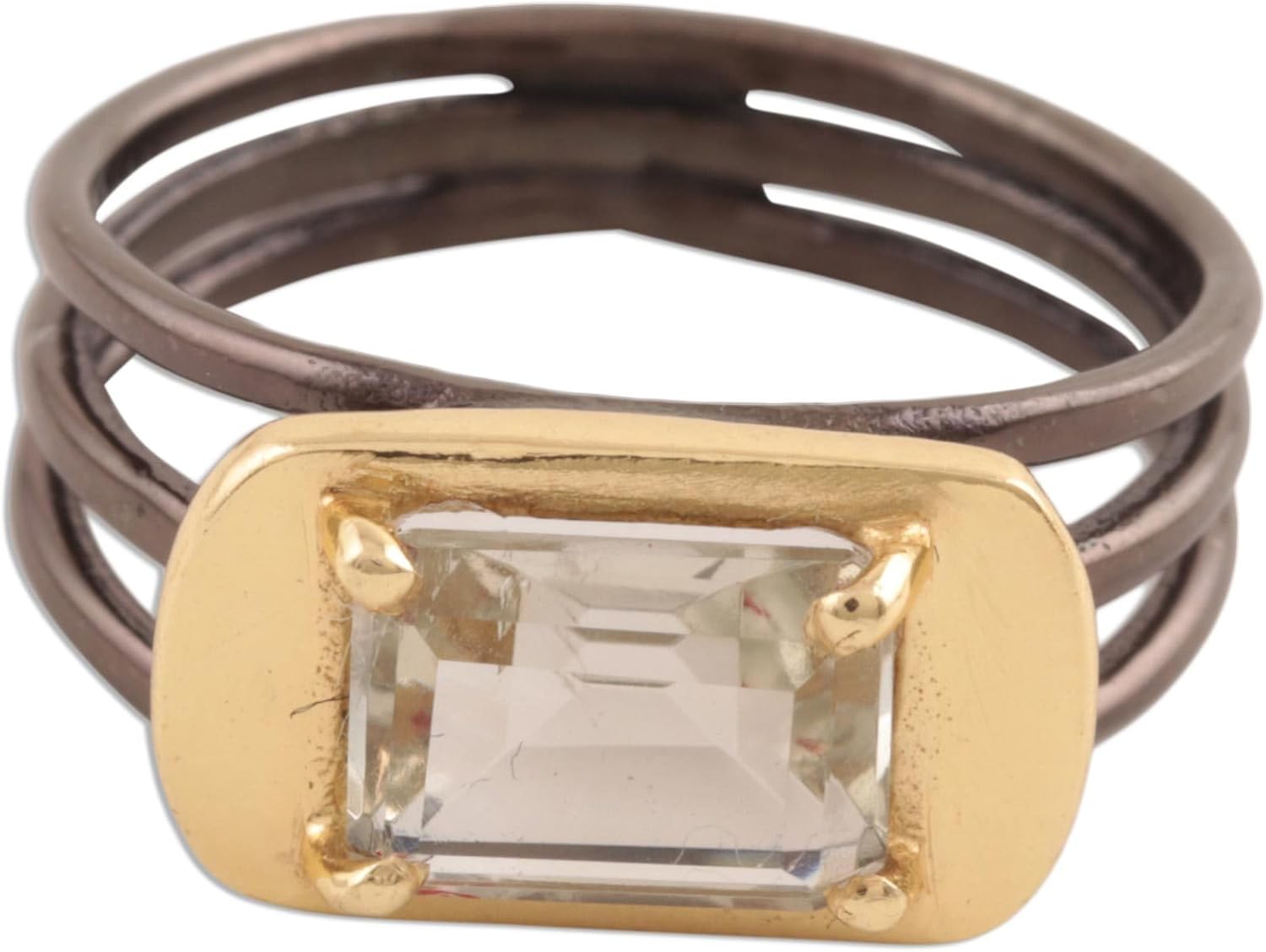 NOVICA Artisan Handmade 18k Gold Accented Prasiolite Singlestone Ring from India .925 Sterling Silver Cocktail Gemstone Modern 'Modern Prism'