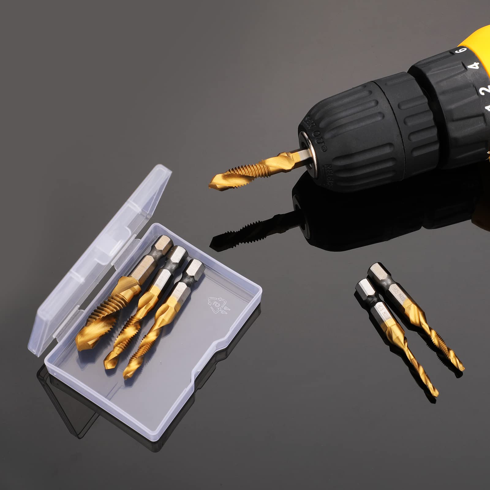 6 Pezzi Punte Trapano, Maschi Countersink Tap Drill Bit HSS Imposta Combinazione ​Attacco Filettare e Svasare l’imboccatura Innesto Esagonale Titanio Maschio per Filettare, M3/4/5/6/8/10