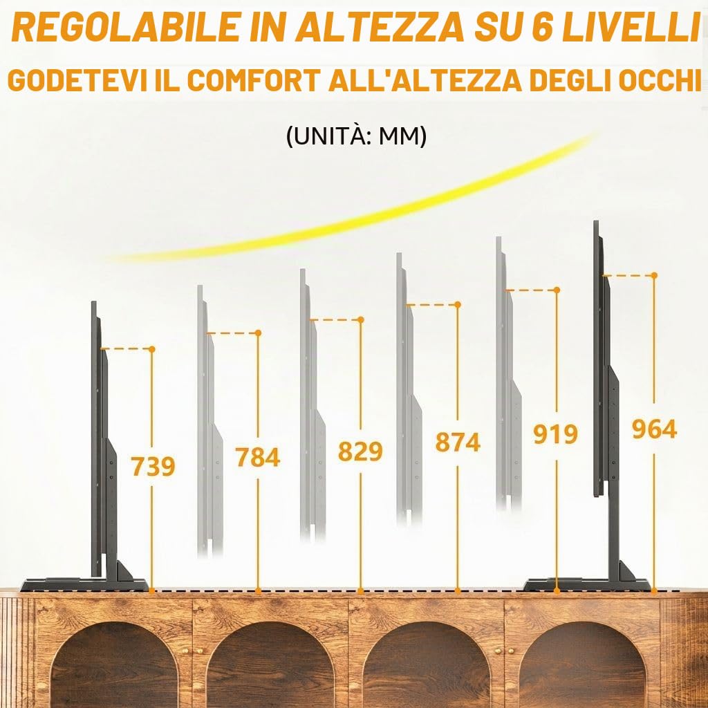 TVON Supporto TV da Tavolo con Piedini TV Regolabili in Altezza, Base Supporto TV con Gestione dei Cavi per TV da 37 a 86 Pollici, Piedini in Acciaio Regge fino a 68 KG, VESA Max 800x600mm