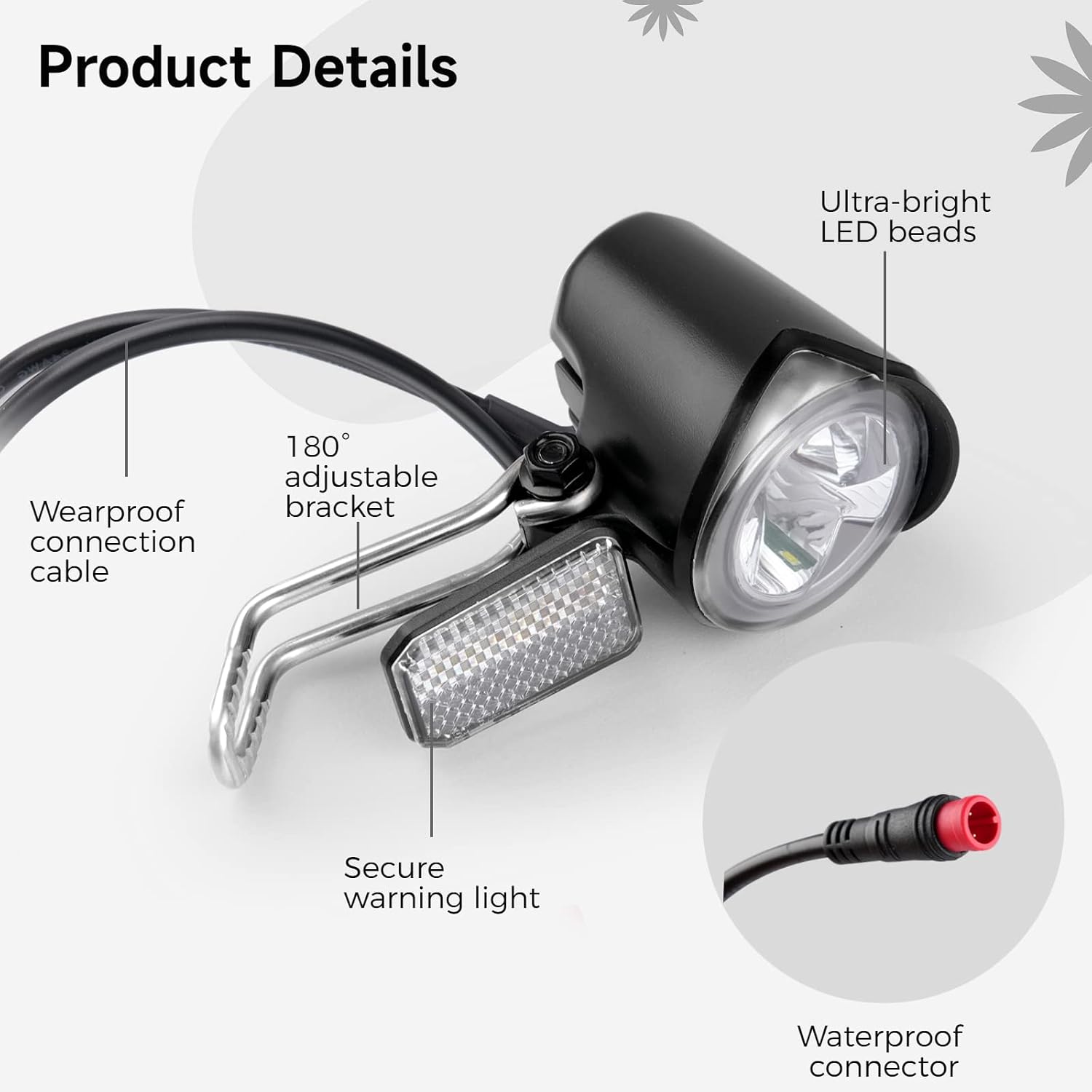 Yeesport E-Bike LED Headlight, Waterproof, Black, Front, 2 Settings, IPX5, Wired, Mountain Bike Light, Adjustable Headlamp for Cycling Safety