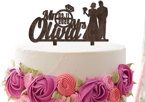 Rustic Wood Brown Mr & Mrs Wedding Cake Topper,Couple Silhouette Cake Topper,Personalized Last Name Custom Date Wedding Cake Topper For Engagement Anniversary Party Decor,Bridal Shower Topper