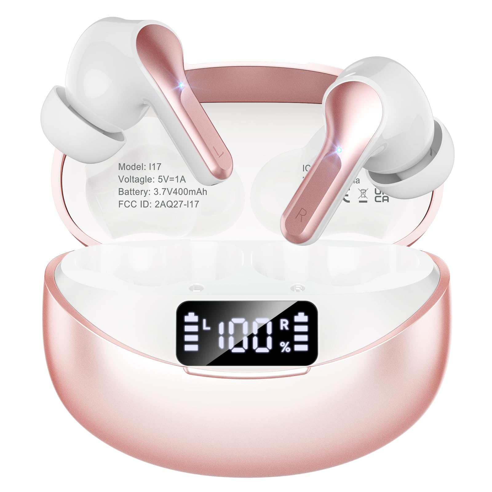 Wireless Earbuds Bluetooth 5.4 HiFi Stereo Headphones with Noise Cancelling Mic, 50H Playback In Ear Buds with LED Digital Display, IPX7 Waterproof Earphones for Office/Running/Workout (Rose Gold)-image-47