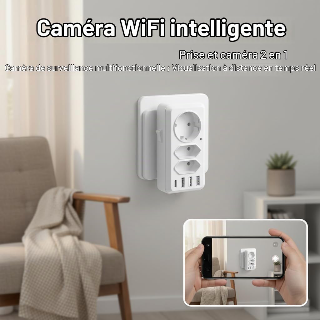 ULar 4K WiFi Prise Murale avec Ports USB Caméra Vue à Distance