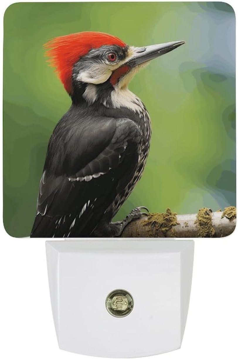 Cute Pileated Woodpecker Night Light Plug-in Wall Smart LED Nightlights with Soft Glow for Bedroom, Bathroom, Hallway Dusk to Dawn Sensor Energy Efficient Wall Outlet Lamp for Home Safety