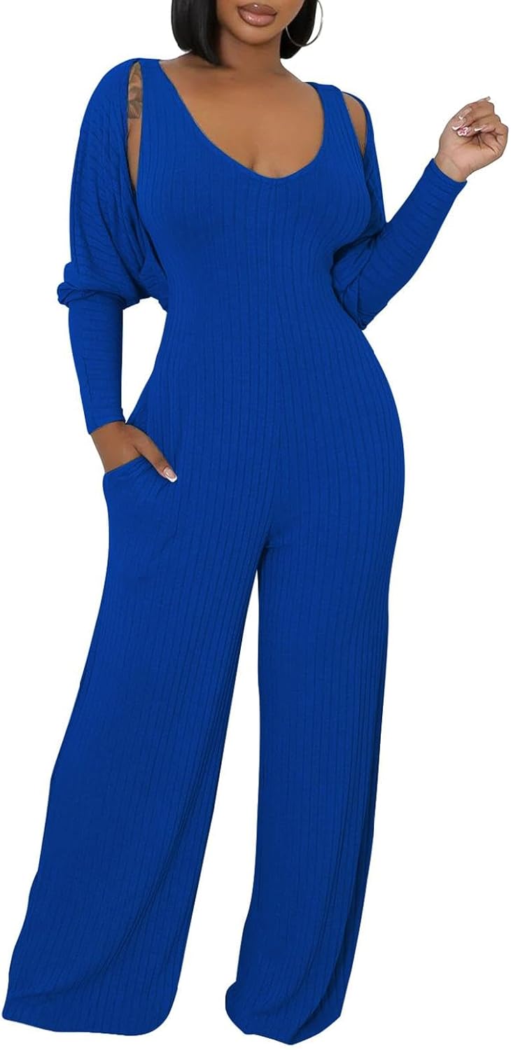 HANMAX Women's 2 Piece Outfits Long Sleeve Crop Cardigan Wide Leg Pants Jumpsuits Tracksuits Set