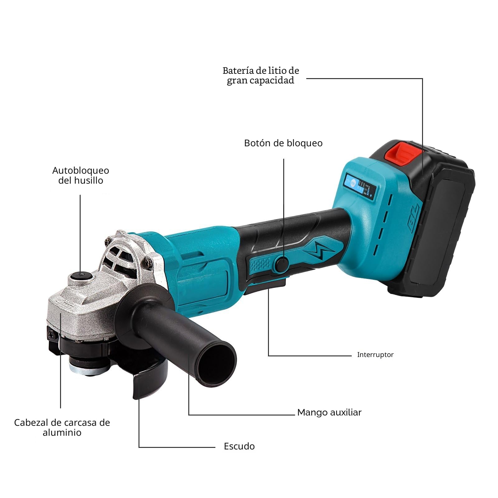 Amoladora Angular 1000W (125 mm, 13.000 rpm). Amoladora con 2x 4000 mAh Batería y Cargador, Empuñadura Auxiliar e Incluye 2 Discos de Desbaste, para Cortar, Desbastar y Pulir Metal, Piedra, Madera