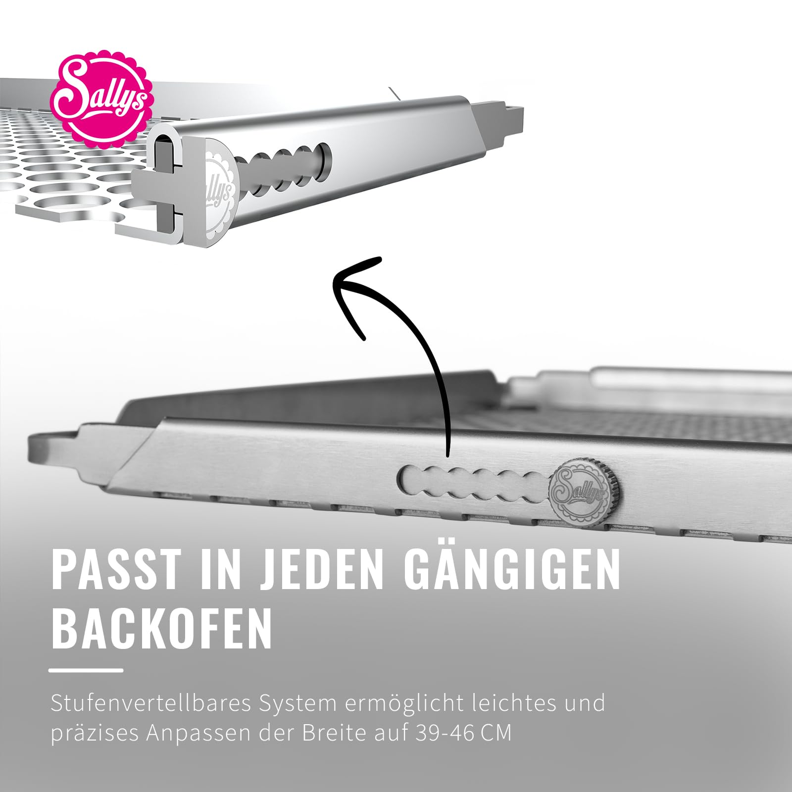 Sallys Premium Backblech V3 - Ausziehbares Edelstahl Backblech 39–46 cm - Perforiertes Lochblech für gleichmäßiges Backen - Beidseitig nutzbar - bis 230°C