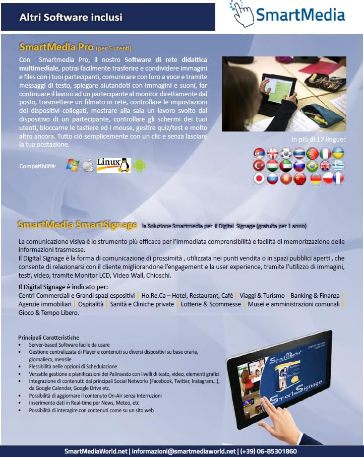 SMARTMEDIA SMA-1375 - Monitor lavagna interattiva 75", 4K, fino a 40 utenti