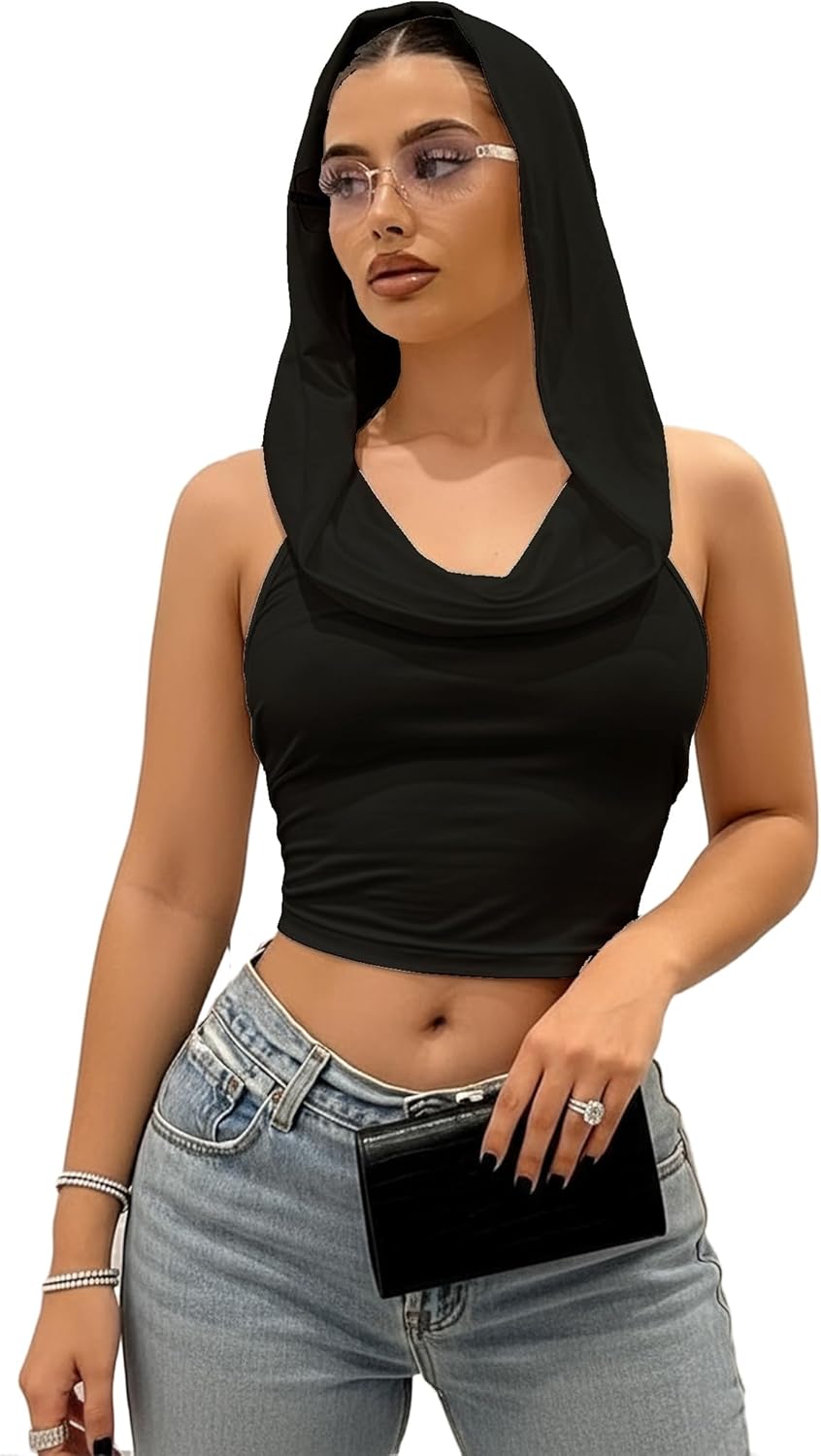 Women’s Backless Hoodie Tank Top, Sexy Draped Halter Crop Top, Stretchy Rave Festival Outfit