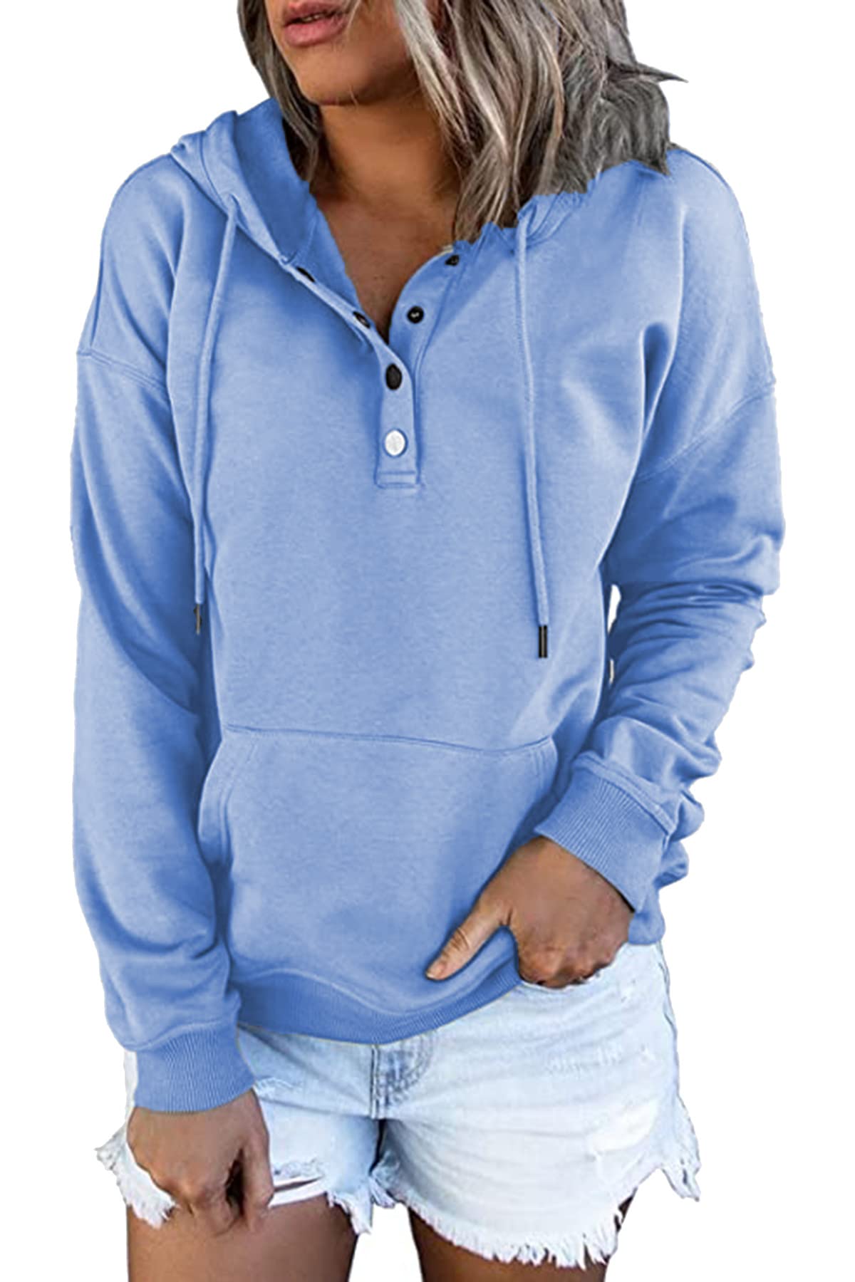 GOLDPKF Hoodie Damen 1/4Knopfleiste Leichter Pullover für Den Kapuzenpullover V-Ausschnitt
