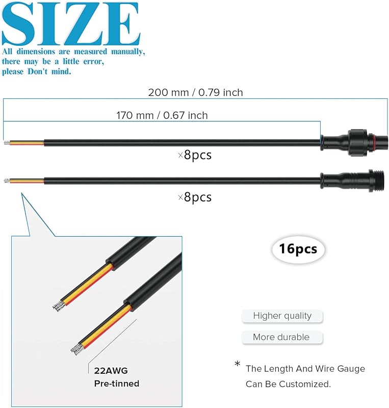 GZLFH Conectores estancos, 8 Pares de enchufes de 3 Pines, Conectores Impermeables IP65 con Cable de extensión 16AWG 20CM para focos solares, lámparas de jardín, Tiras de luz LED