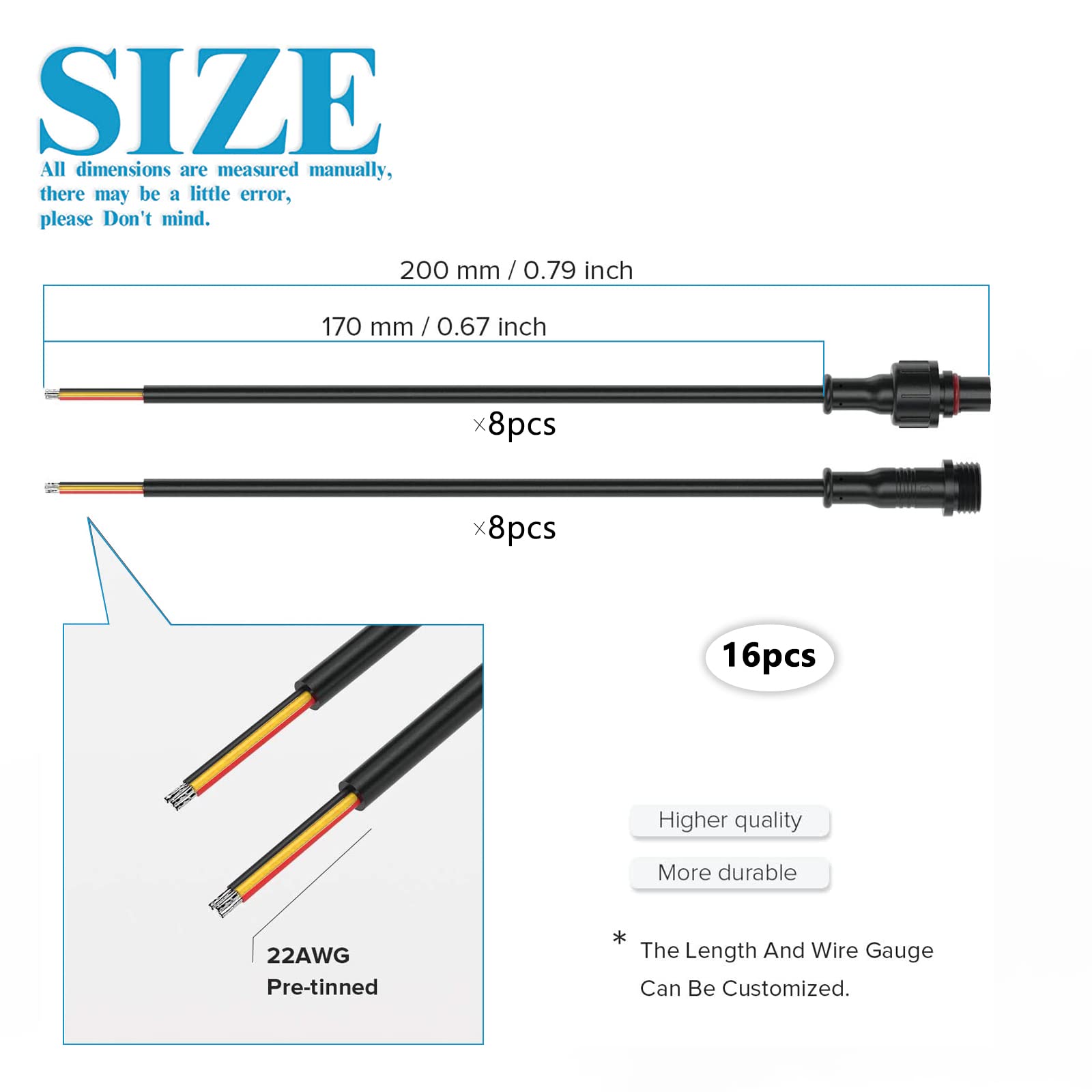 GZLFH Conectores estancos, 8 Pares de enchufes de 3 Pines, Conectores Impermeables IP65 con Cable de extensión 16AWG 20CM para focos solares, lámparas de jardín, Tiras de luz LED - 1