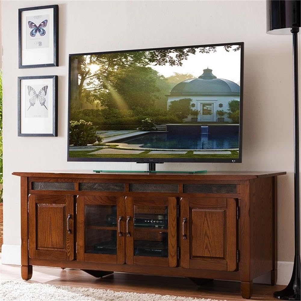 BOWERY HILL 60" Ash Wood TV Stand, Rustic Autumn Finish, Fits TVs Up to 65", Oak Veneers, Raised Panel Doors, Adjustable Shelves, Hammered Pewter Hardware, Spacious Living Room Entertainment Center