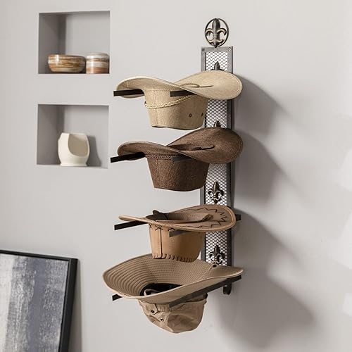 Miniatura 6 de Perchero de sombrero de vaquero para pared, soporte de metal para 4 sombreros, soporte vertical para sombreros occidentales, soporte de pared,