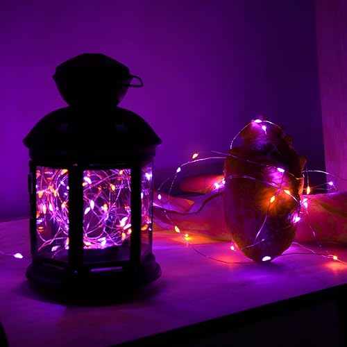 Miniatura 6 de Joomer Paquete de 2 luces de Halloween naranjas y moradas, 16.4 pies, 50 LED, 2 modos, luces parpadeantes que funcionan con pilas para decoraciones