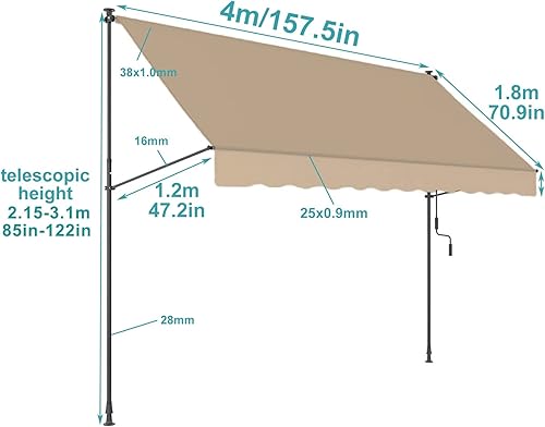Miniatura 2 de Toldo retráctil para patio, toldo impermeable para puertas, ventanas, cubiertas, porche, patio trasero, jardín (color beige (soporte blanco)