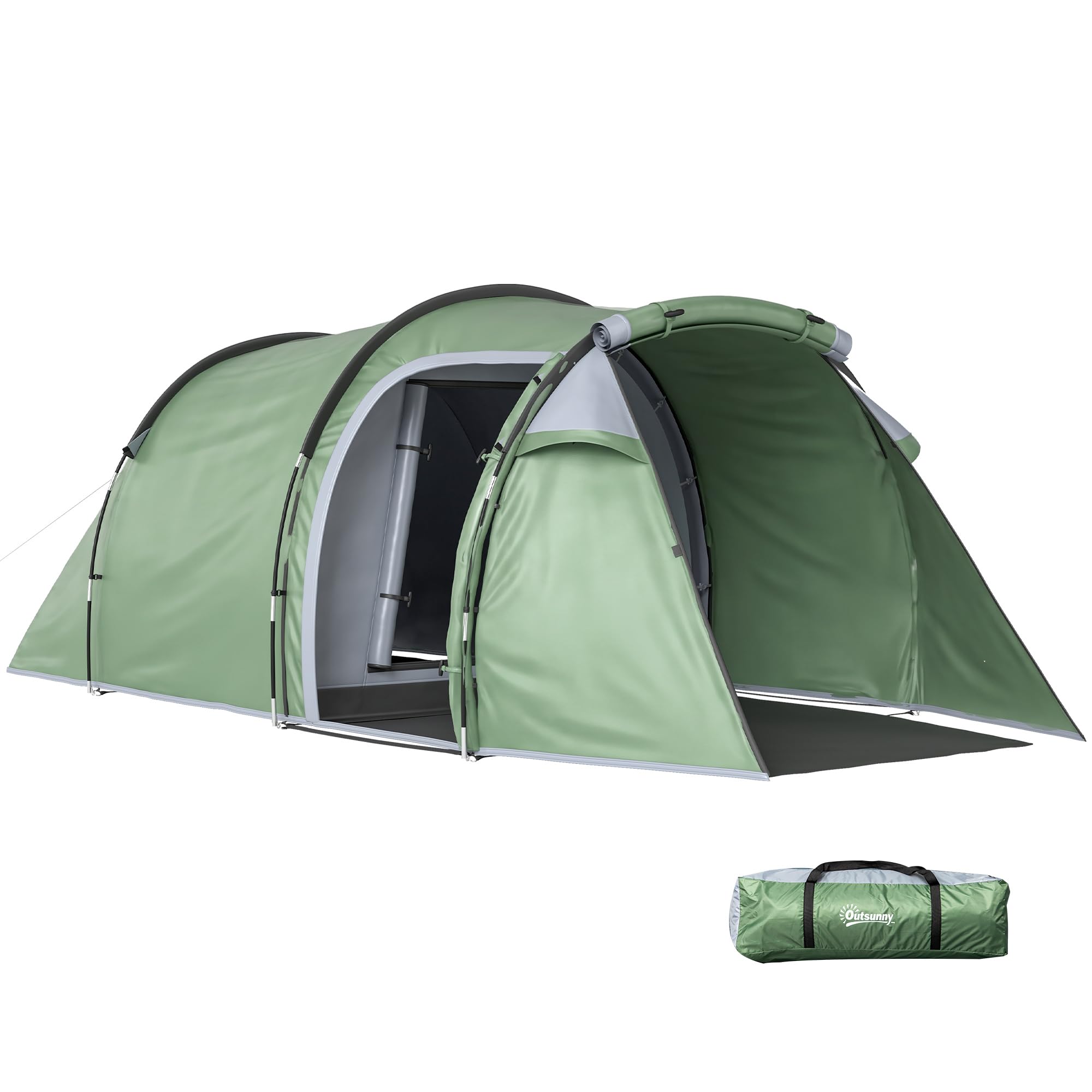Outsunny Tenda da campeggio per famiglie per 2 persone, tenda a tunnel ventilata, facile da montare, camera da letto, soggiorno, 3 porte, finestre, 4,26 x 2,06 x 1,54 m, fibra di vetro poliestere PE