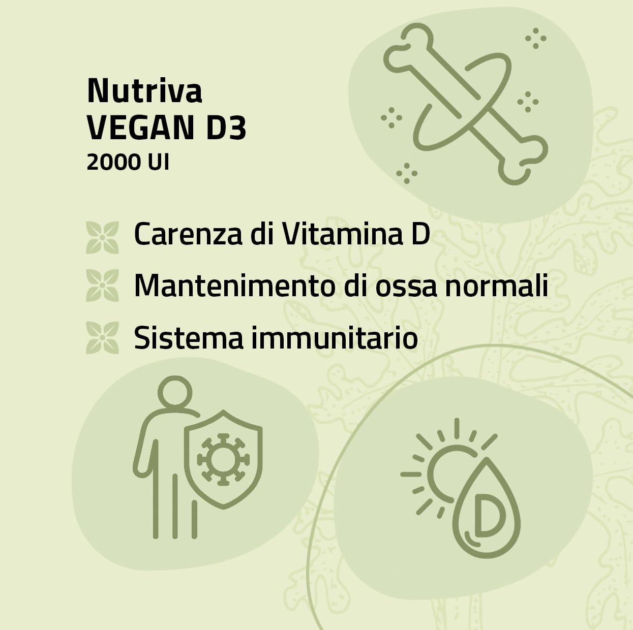 NUTRIVA Vegan D3, Integratore Alimentare a Base di Vitamina D3, Ideale per le Ossa e per il Supporto del Sistema Immunitario, Naturale, Privo di OGM, Glutine e Allergeni - 120 Compresse Masticabili