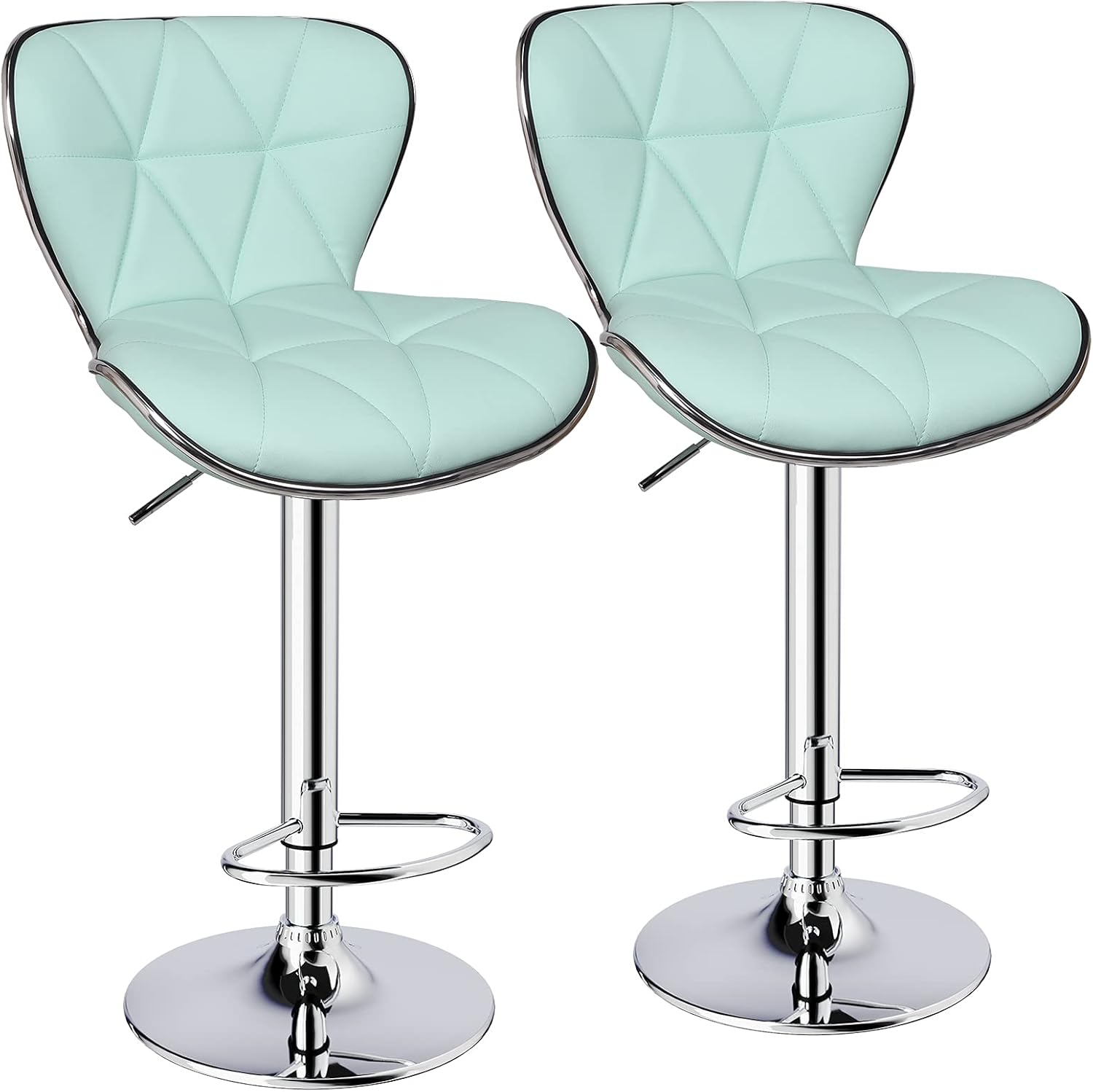 Leopard Shell Back Adjustable Swivel Bar Stools, PU Leather Padded with Back, Set of 2 (Mint Green)