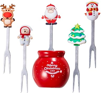 Fruit Fork, Fun Cute Cartoon with Ceramic Storage Box Holder Stainless Steel Food Pick Forks for Home Household C