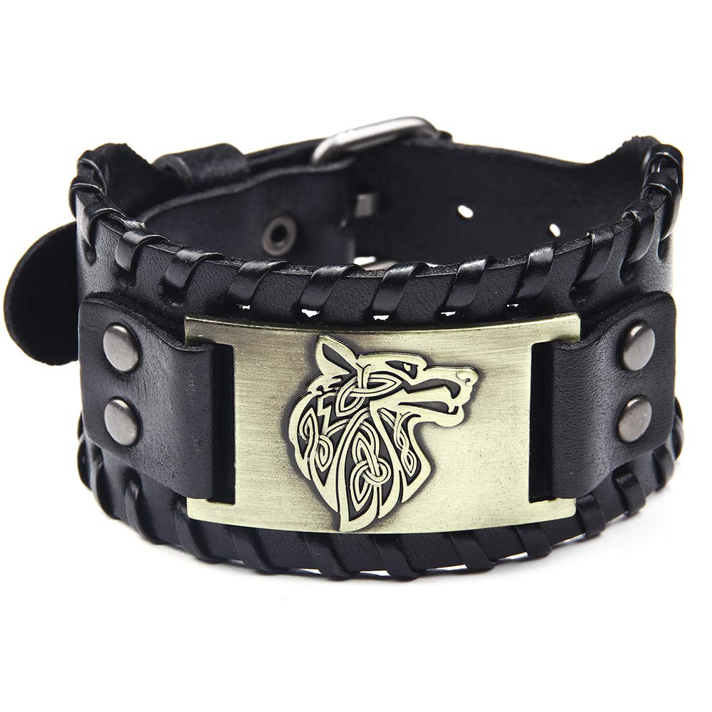 Thajaling Pulsera de piel auténtica con diseño de cabeza de lobo, pulsera ancha para hombres y mujeres