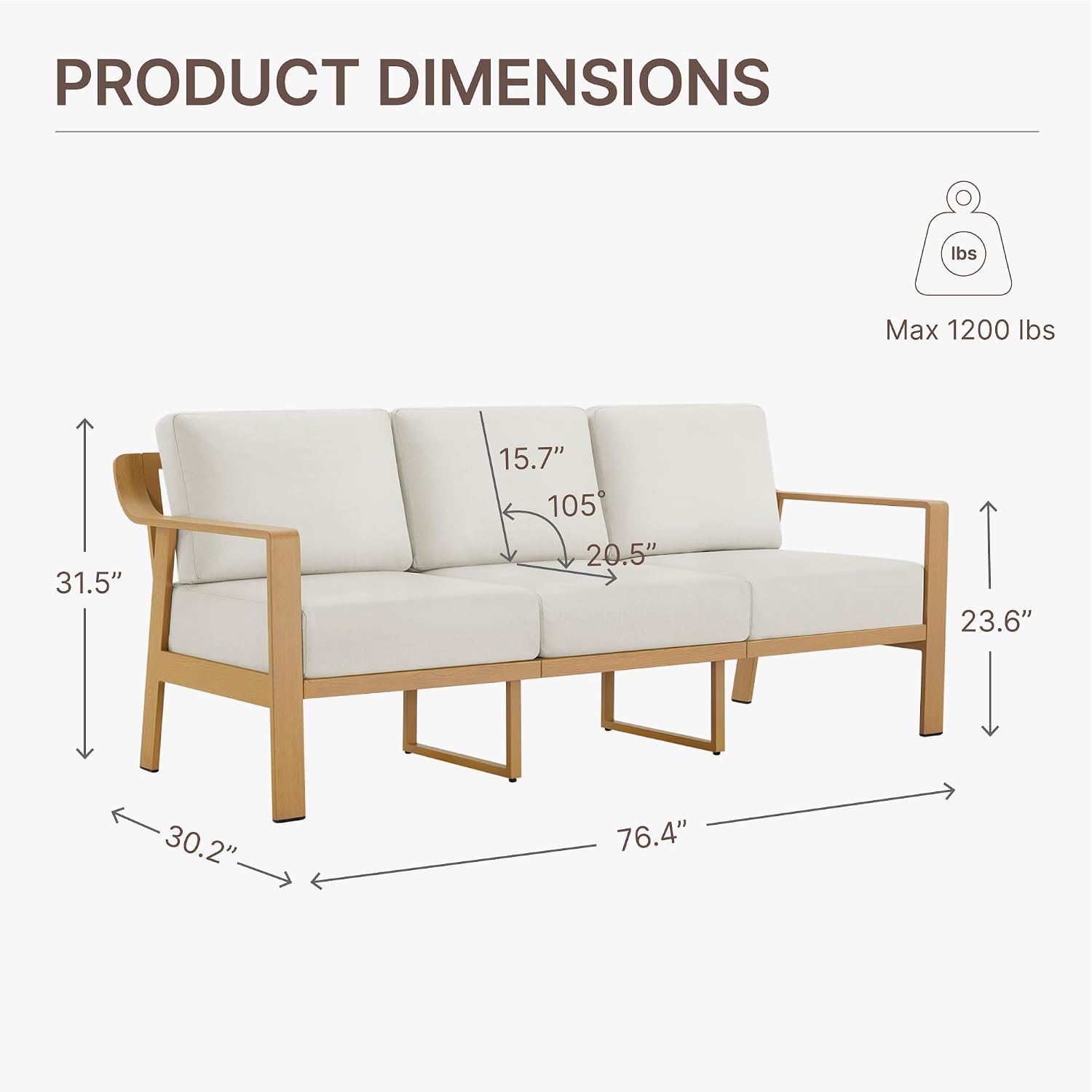 KISLOT Aluminum Outdoor Patio Furniture Loveseat,3 Seater Outside Patio Sofa with Washable Thick Cushion, Patio Sofa Couch for Porch, Balcony, Deck, Yard,Wood-Grain Frame