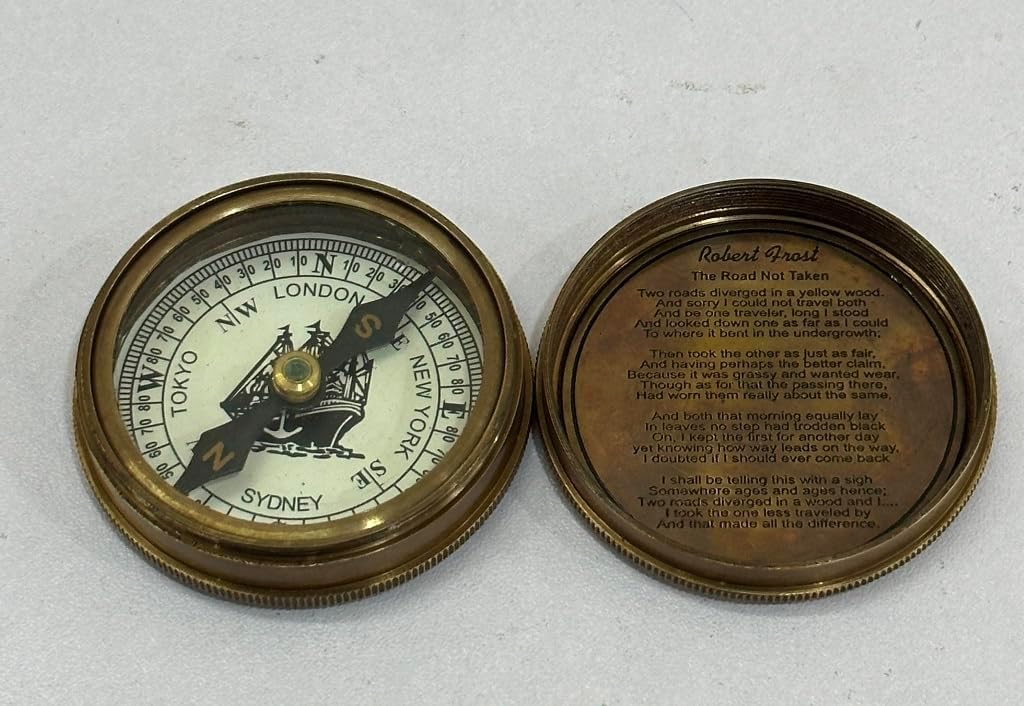 Vintage Solid Brass Camping Hiking Push Button Pocket Sundial Compass Handmade