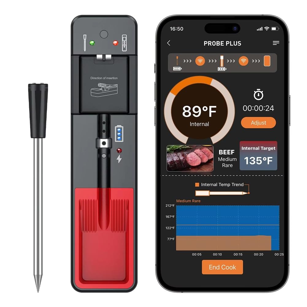 Termómetro Inalámbrico para Carne, Termómetro Digital con Sonda Bluetooth de 360 Pies, Compatible con para Monitoreo Remoto por Aplicación para Horno y Ahumador