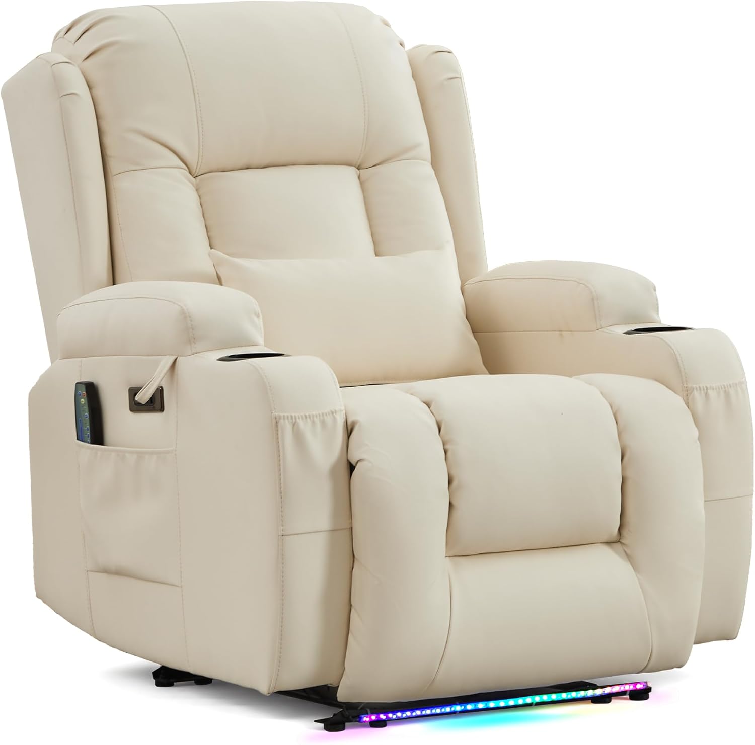 URRED Power Recliner Chair with Massage and Heat for Adults, Electric Reclining Sofa Home Theater Seating with Ambient Light, USB Ports, Cup Holders, Side Pockets, Pillow, Faux Leather (Beige)