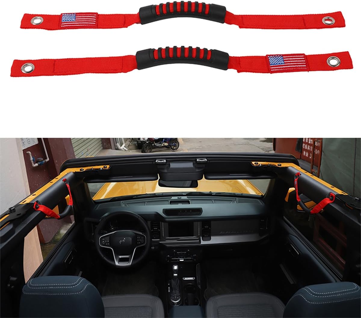 Car Grab Handles, Roll Bar Grab Handles, Grip Handle for 2021-2025 Ford Bronco 2/4 Door Interior Accessories Roof Handle Rope Interior Accessories USA Flag Red 2Pack