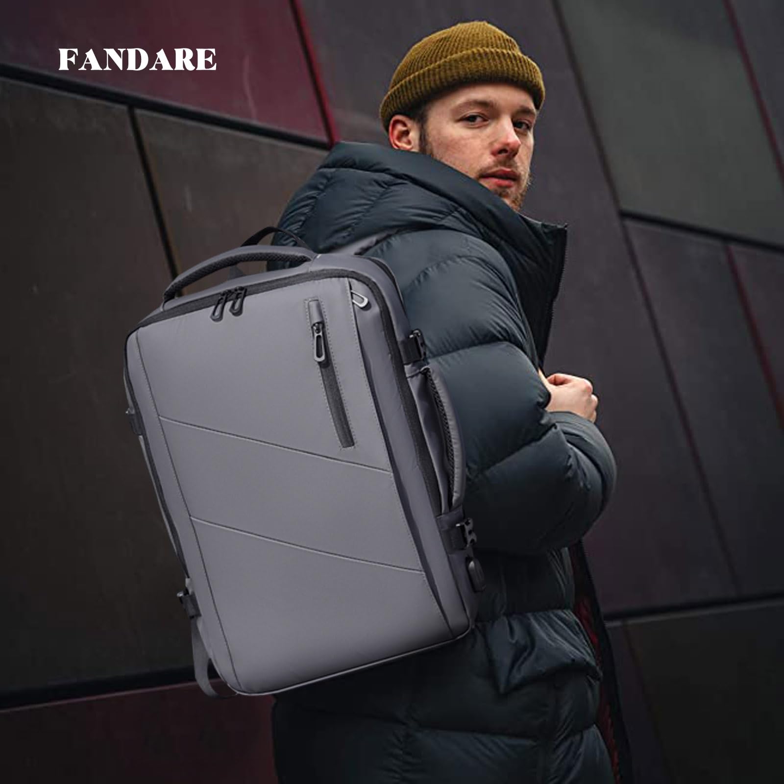FANDARE Mochila Viaje Expandible 19-33L Equipaje de mano Cuero impermeable PU Bolsa de Viaje Hombre Laptop Bolso de mano con USB Bolsa de Mano Mochila Viaje Cabina Avion Bolsos para Negocio Trabajo