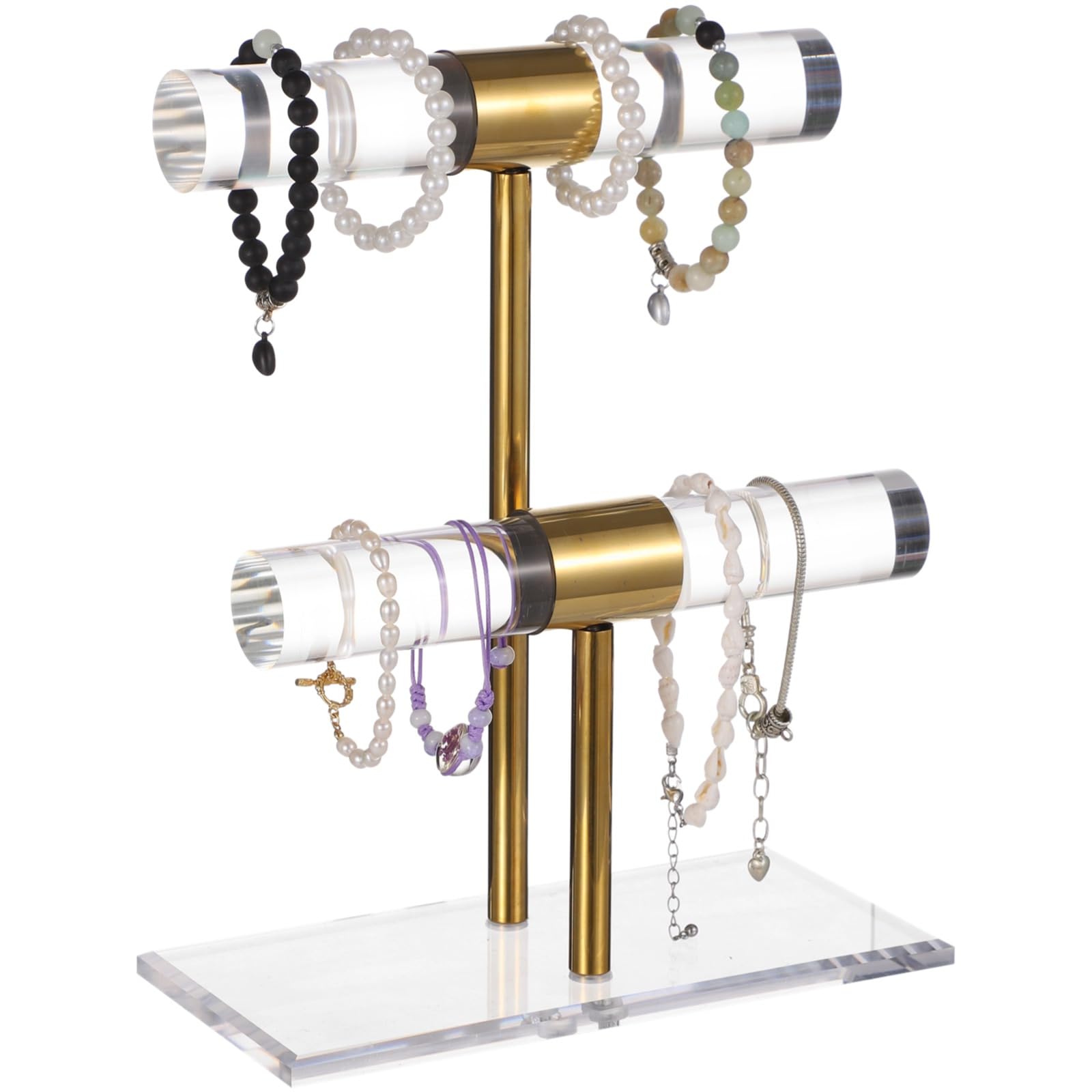 SWEWARM 2-Tier Transparent Acrylic Jewellery Stand with Gold Frame - T-Bar Bracelet & Necklace Display Organiser