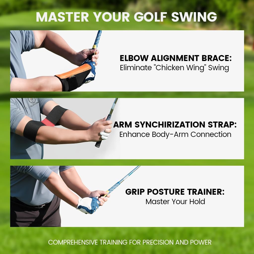 Golf Beginner Swing Fix 3-Piece Set - Wrist Corrector, Hand Grip Trainer & Arm Alignment Strap for New Golfers, Good Gift