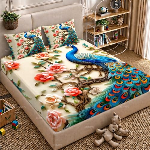 Image of RUMPS 3D Digital Printed Double Bedsheet Flat | Premium Knitted Cotton MicroFabric 90x100 Inch Bed Sheet with 2 Pillow Covers, Cute Cartoon Blue Bird (7D Digital RED)