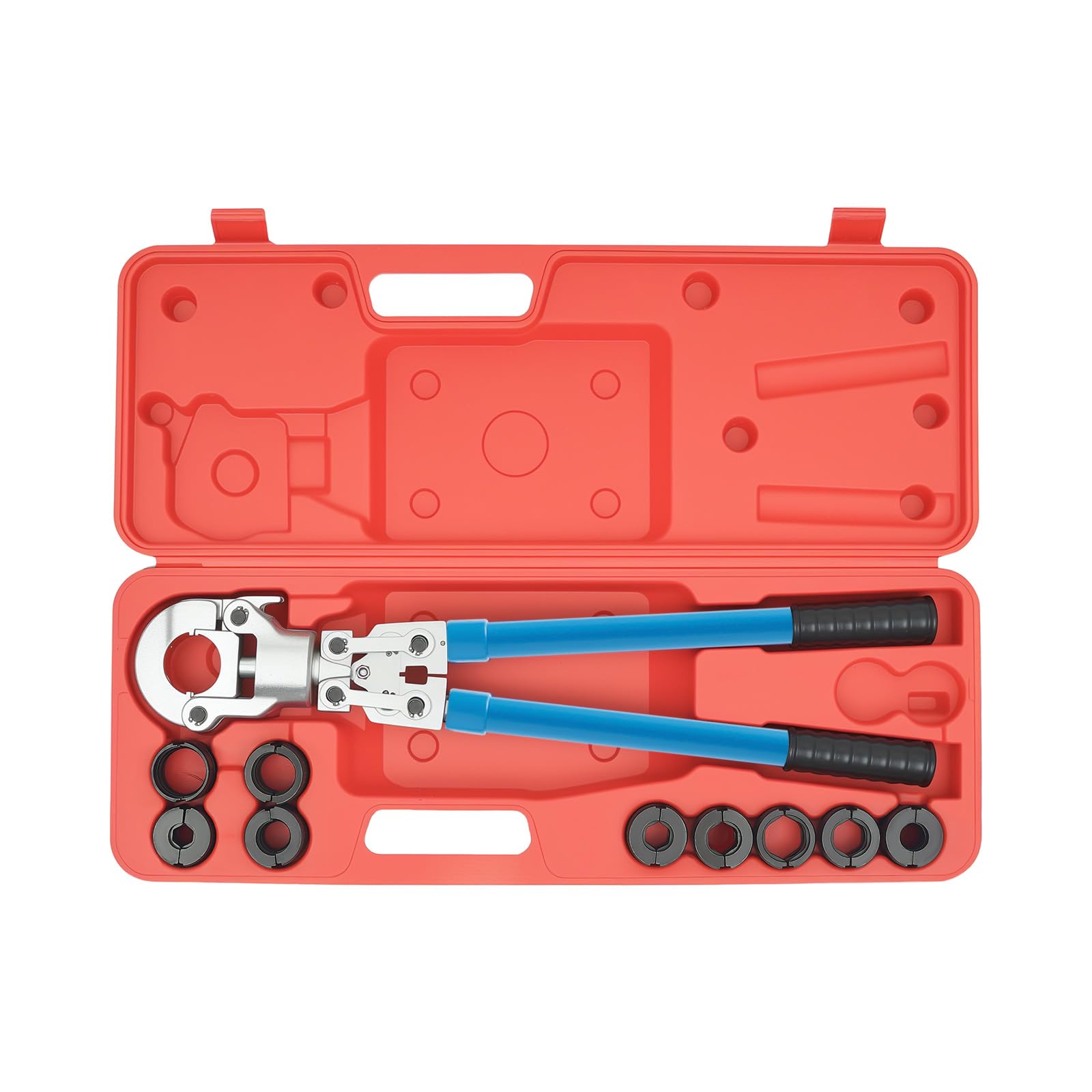 Professional Crimping Pliers, Plumbing Copper Fittings Crimping Tools, 360° Rotatable Ratchet Design Pipe Crimper, Th16-32mm V12-28mm, w/ 9 Jaws Black Handles, Includes 9 Molds Toolbox Allen Key