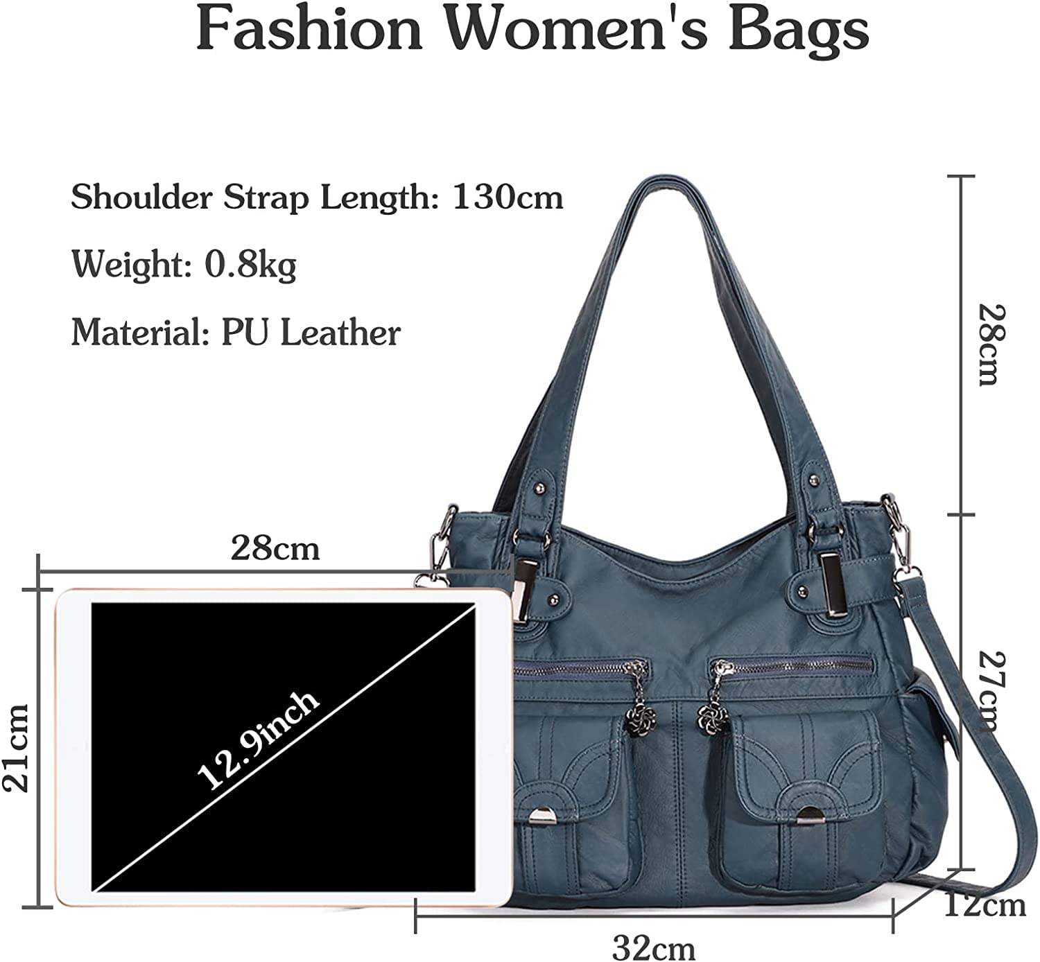 FANDARE Borsa a tracolla da donna, in pelle sintetica, impermeabile, per shopping, viaggi, lavoro, messaggeri, Blu, L, Elegante
