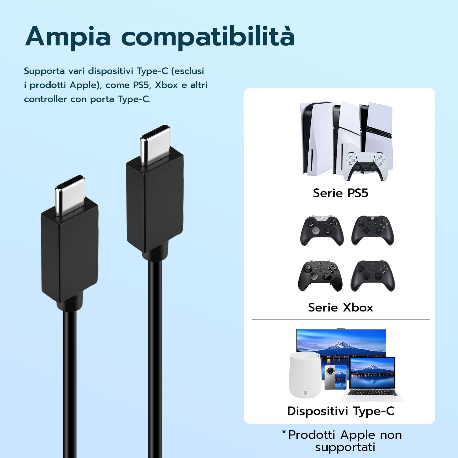 Tolesum Cavo PS5 Controller,3 Metri Ricarica Cavo USB-C-USB Type C per Joystick PS5/Playstation 5/PS5 Dual Sense/Xbox Series X/Series S e Smartphone-Consente il Trasferimento dei Dati