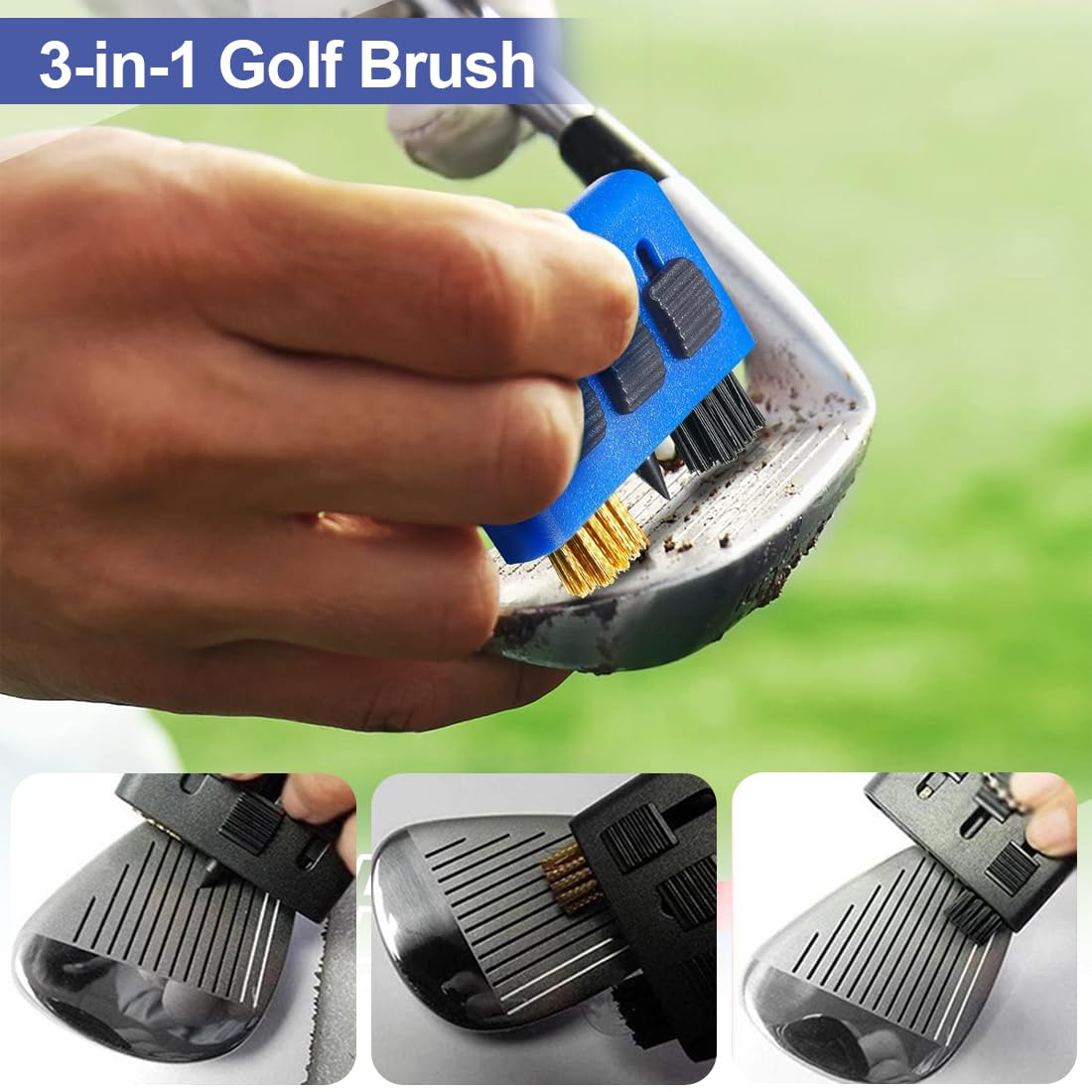 IKOPFLN 3 spazzole 3 in 1 per mazze da golf strumento di pulizia multiuso spazzola per la pulizia delle scanalature delle mazze da golf kit per la pulizia delle scarpe con portachiavi