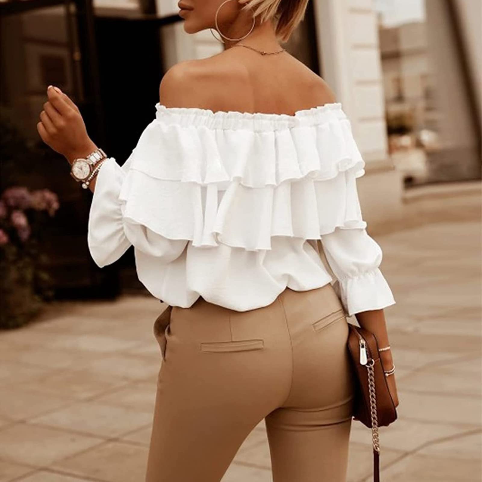 GOTOTOP Schulterfrei Oberteile 3/4 Geschichtete Rüschenärmel Rückenfrei T-Shirts Bluse Tops(L-Weiß)