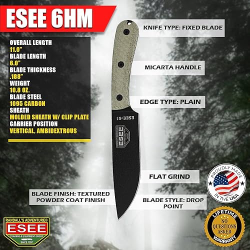 Miniatura 8 de ESEE -6HM Cuchillo de supervivencia de hoja fija, acero al carbono 1095, mango redondo modificado, fabricado en Estados Unidos (funda Kydex negra