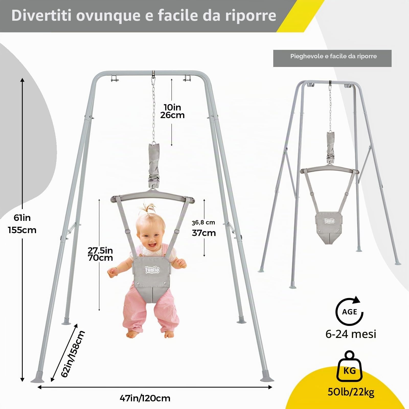 FUNLIO Altalena con Supporto per Neonati per 6-24 Mesi, Altalene Saltare Su per Bambini per Giochi Indoor/Outdoor, Maglione per Neonati/Ragazzo, con Catena Regolabile, Facile da Montare -Grigio