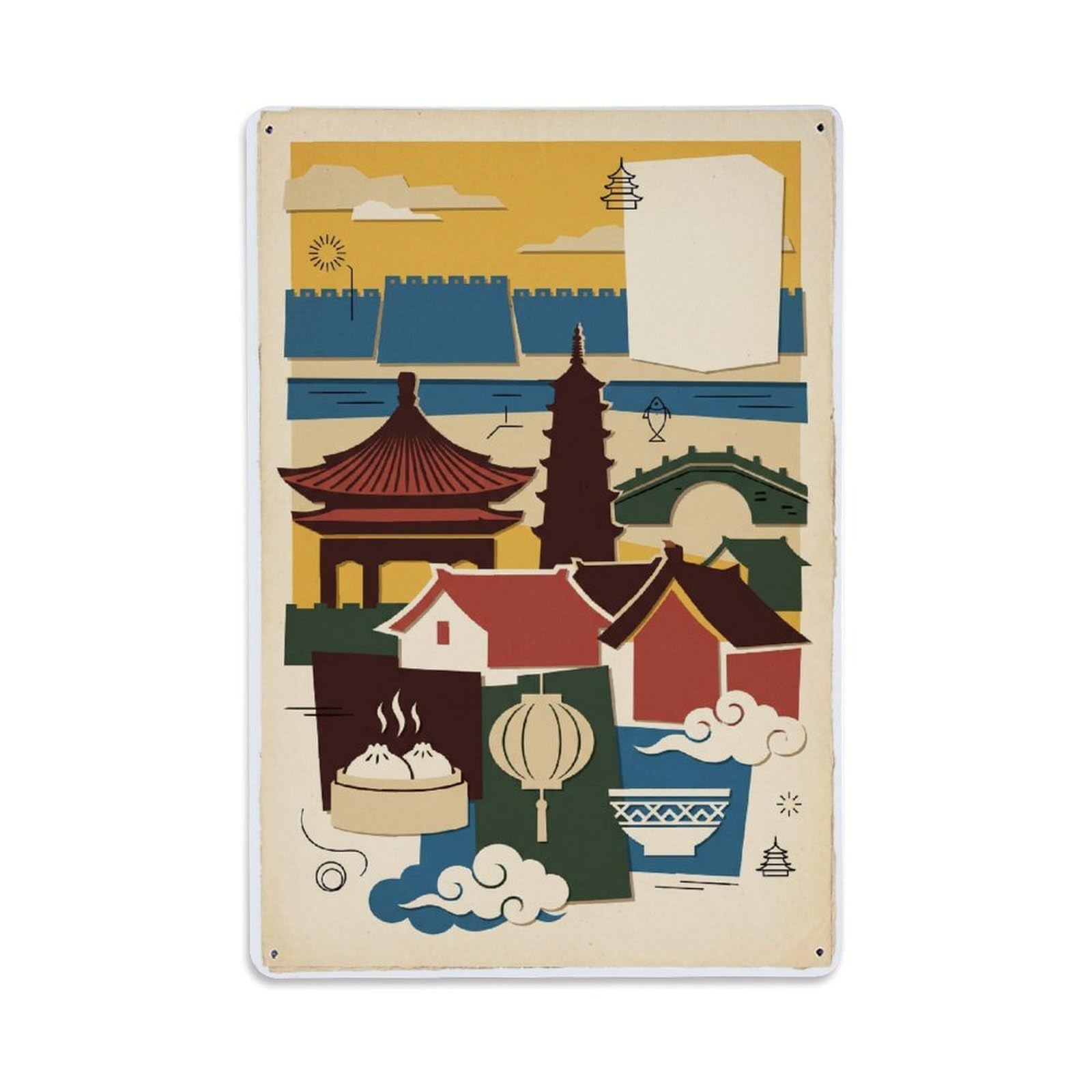 Okngb Style Chinese Kaifeng Travel Graphic Retro Mosaic Cityscape Metal Tin Sign Plaque Wall Decor For Cafe, Man Cave, Club Bar, Office, Home Garden Round Metal Poster 8X12inch