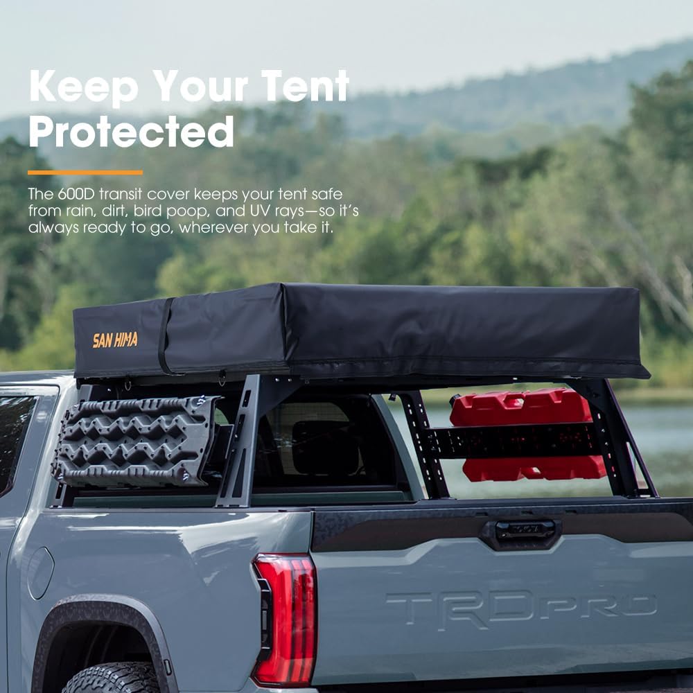 SanHima Alpine Rooftop Tent with its protective transit cover installed on a truck